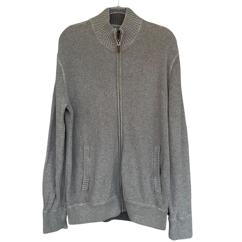 Eddie Bauer Sweater Mens XL Gray Full Zip Mock Neck Cotton Knit‎ Jacket Jumper
